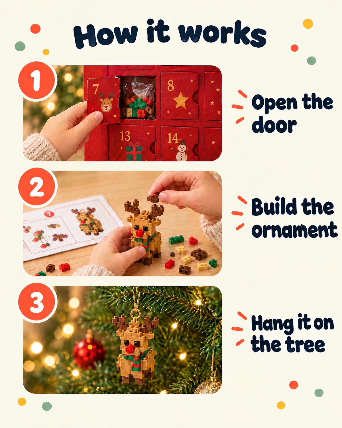 How the brick advent calendar works: open the door, build the ornament and hang it on the Christmas tree