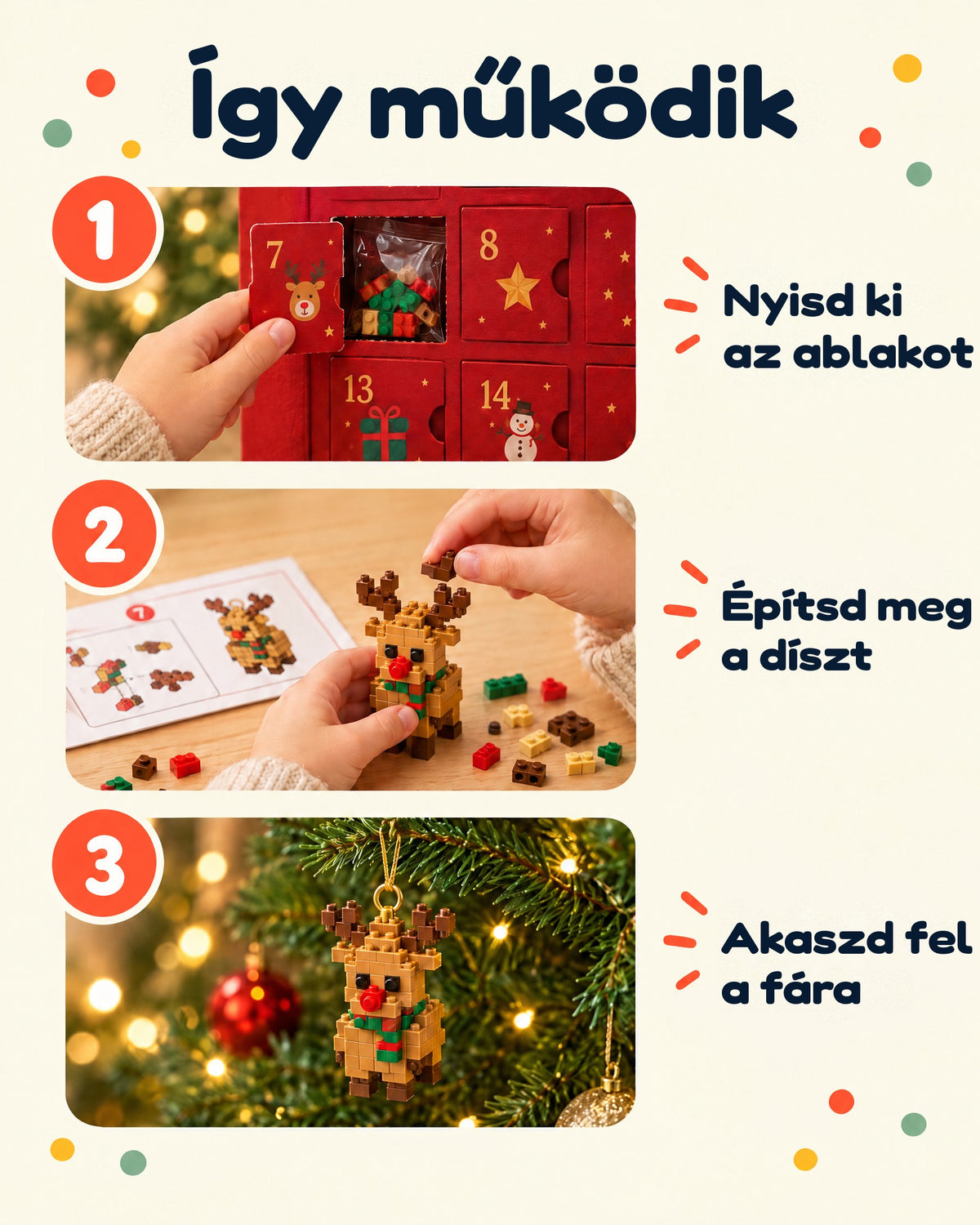Így működik az építőkockás adventi naptár: kinyitod az ablakot, megépíted a díszt, és felakasztod a karácsonyfára