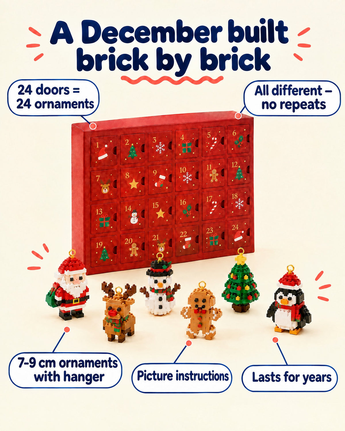 Advent calendar features: 24 doors = 24 ornaments, all different, 7–9 cm ornaments with hangers, picture instructions, lasts for years