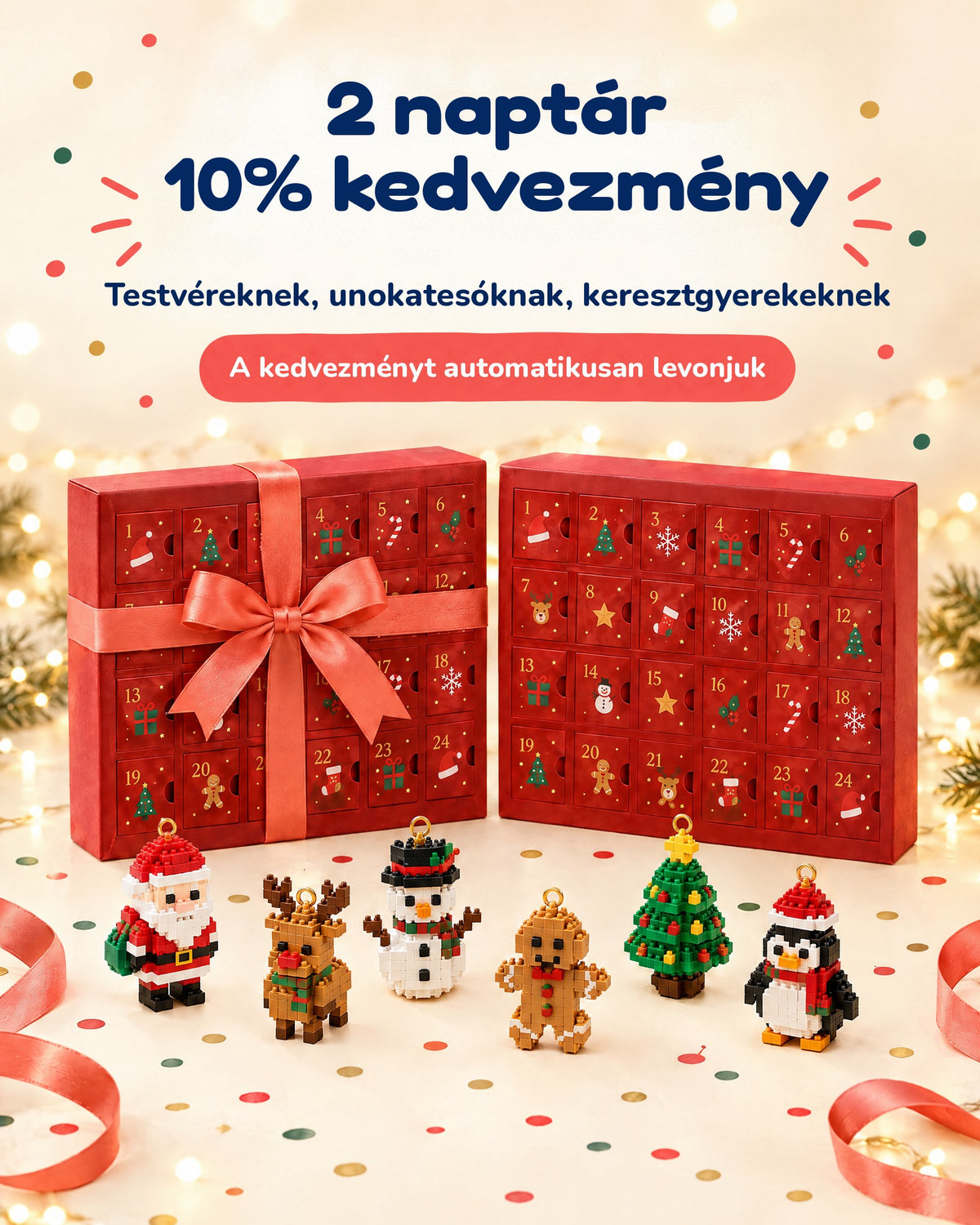 Két építőkockás adventi naptár masnival – 2 naptár vásárlásakor 10% kedvezmény, amelyet automatikusan levonunk