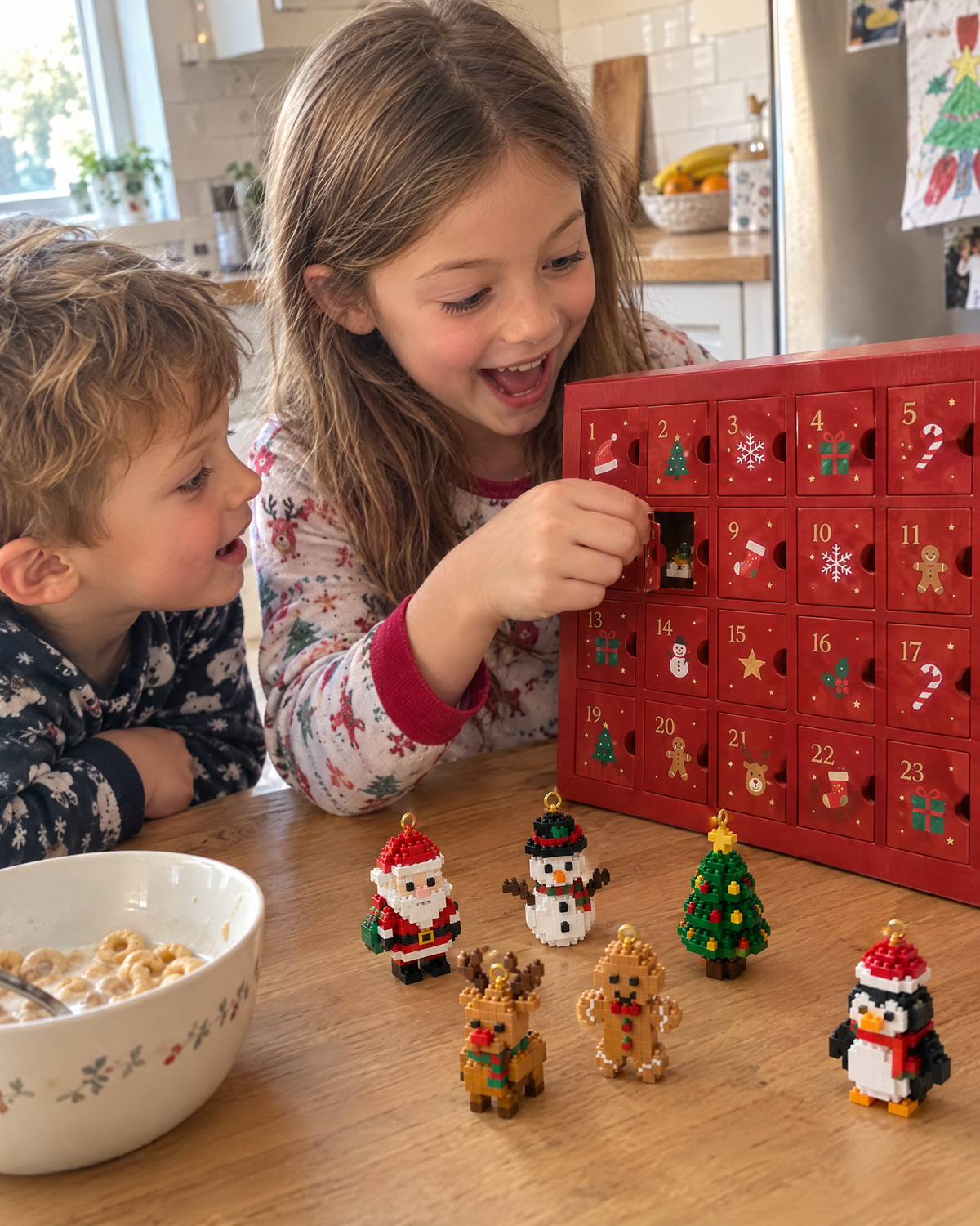 Kinder öffnen den Kalender am Morgen