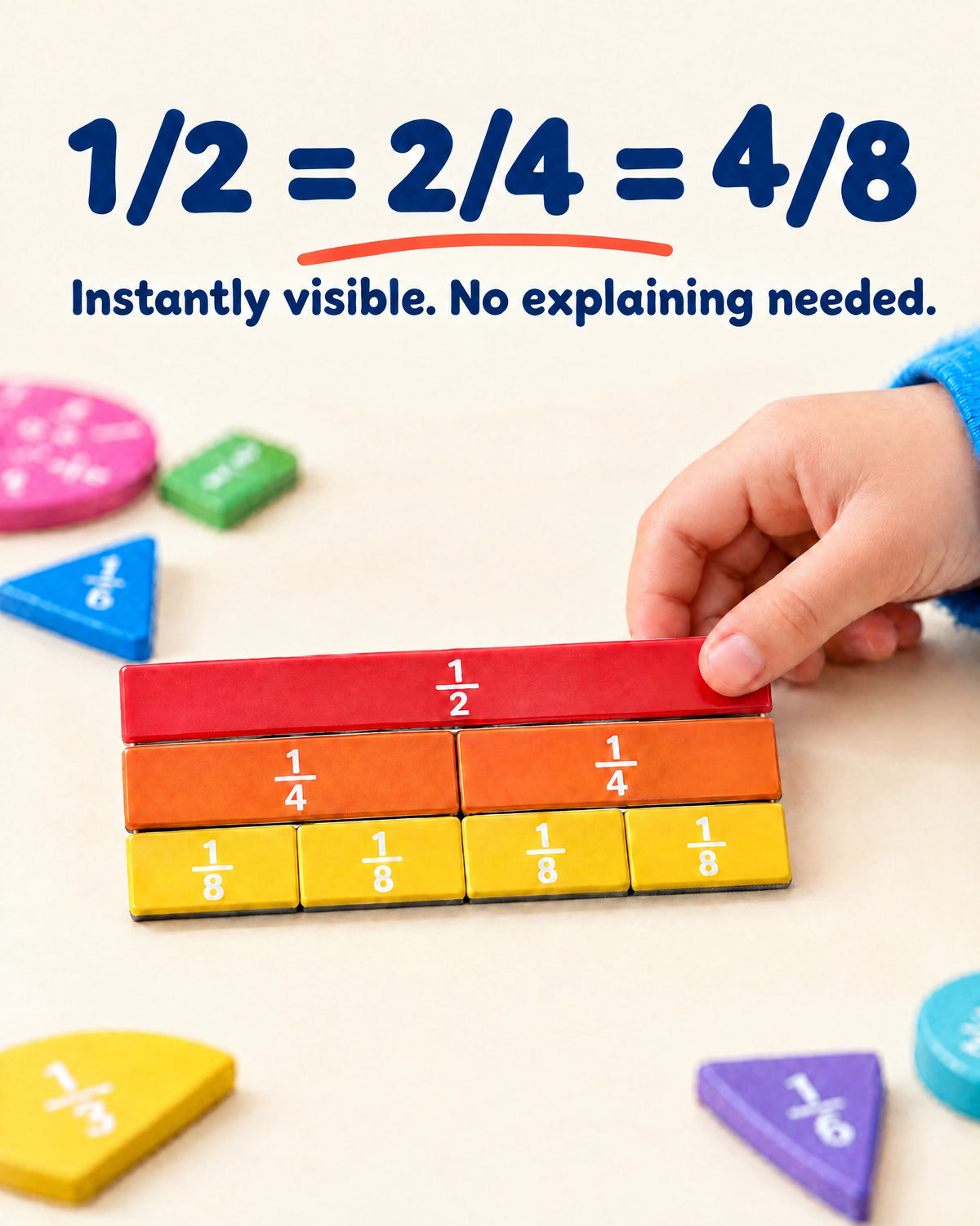 A child's hand laying out magnetic fraction strips: 1/2 = 2/4 = 4/8 – instantly visible, no explaining needed