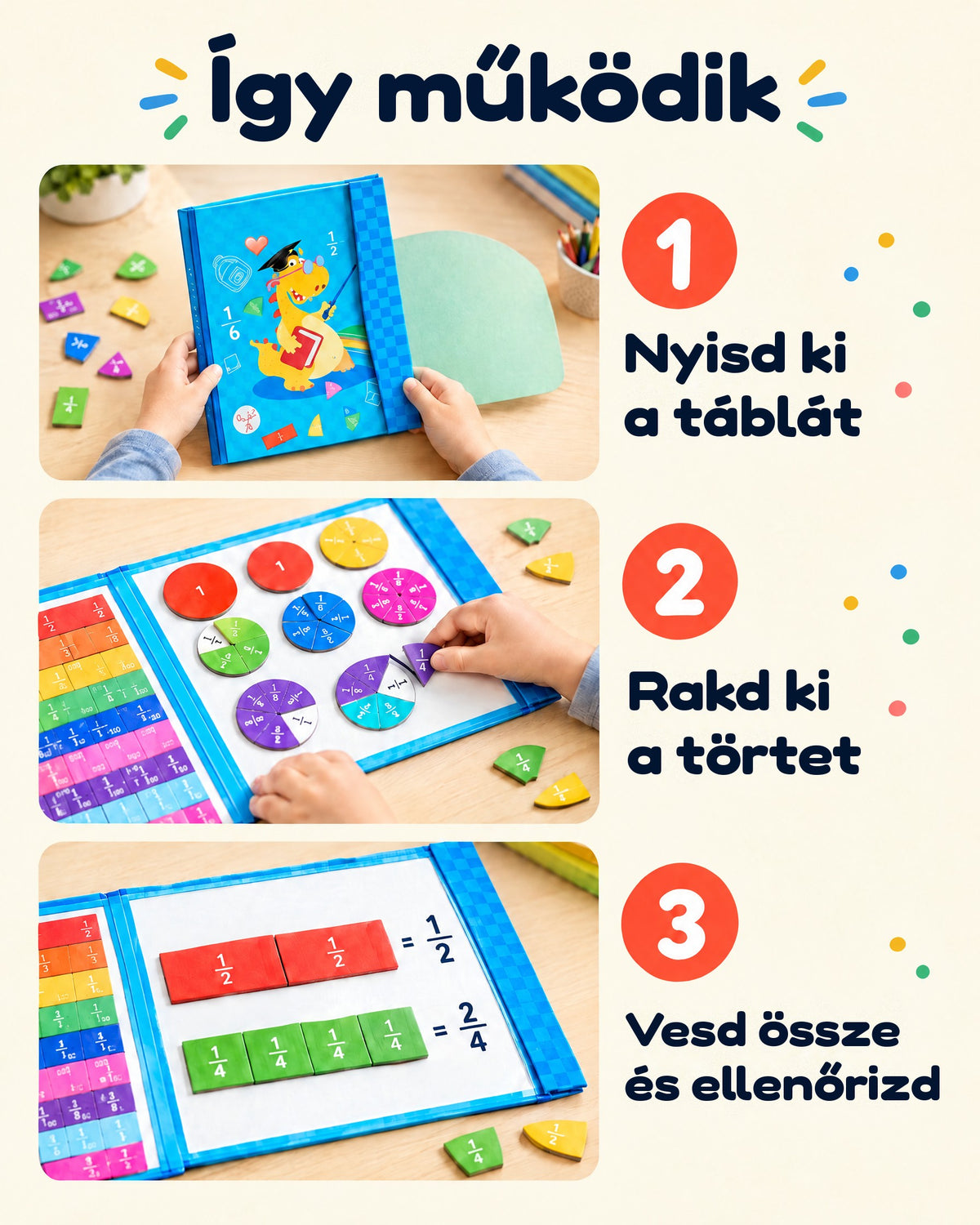 Így működik a mágneses törtes játék: kinyitod a táblát, kirakod a törtet, majd összeveted és ellenőrzöd