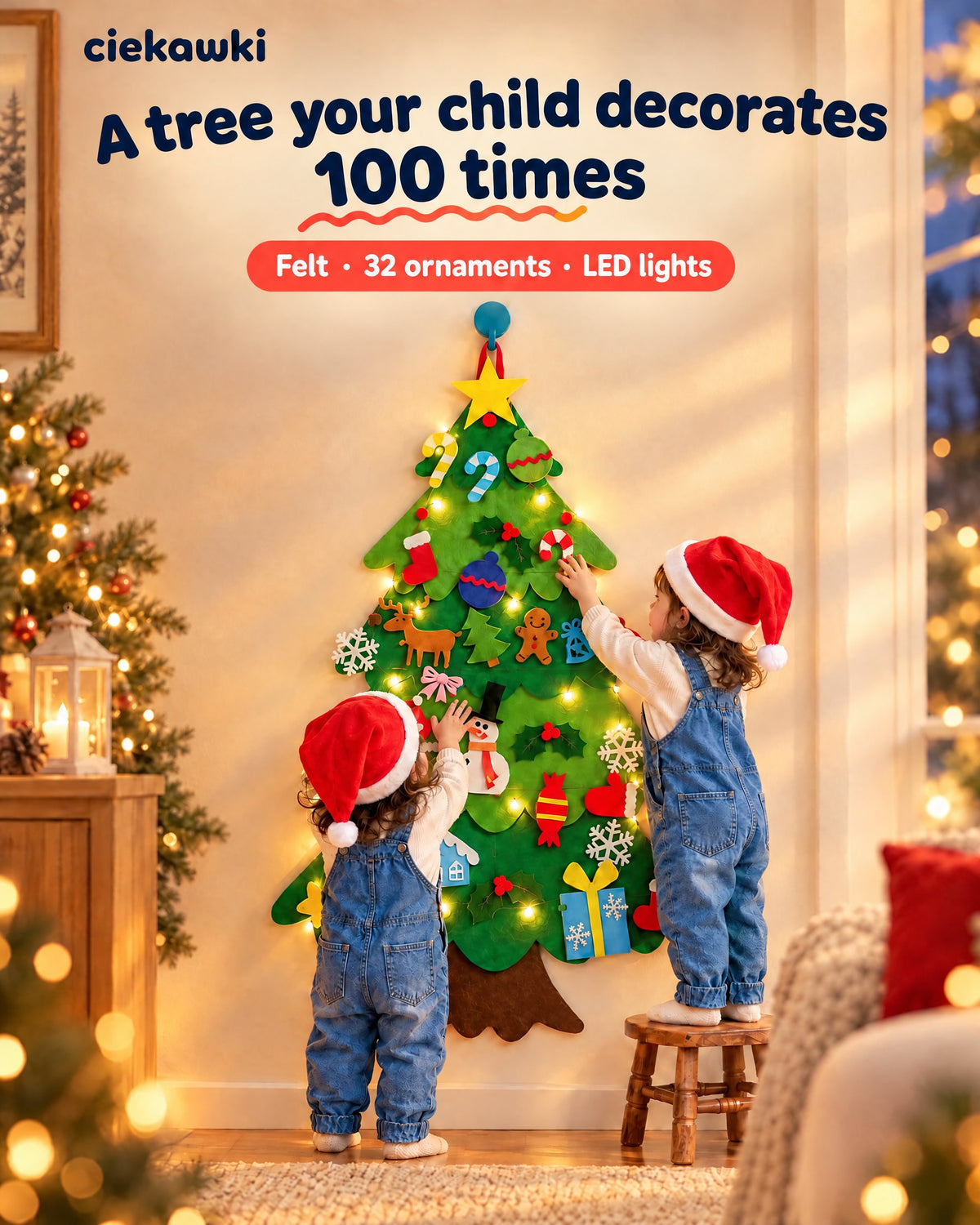 Two toddlers in Santa hats decorating the felt Christmas tree with LED lights on the wall