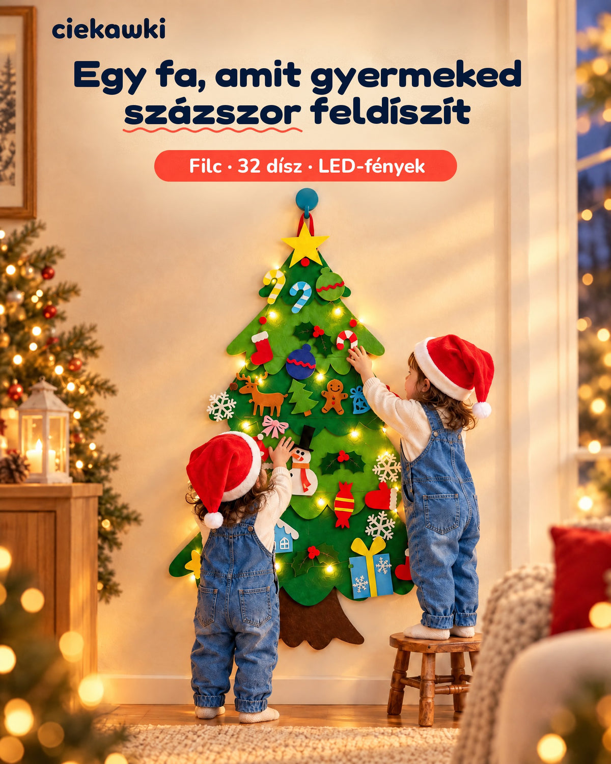 Két kisgyerek mikulássapkában díszíti a falra akasztott, LED-fényes filc karácsonyfát