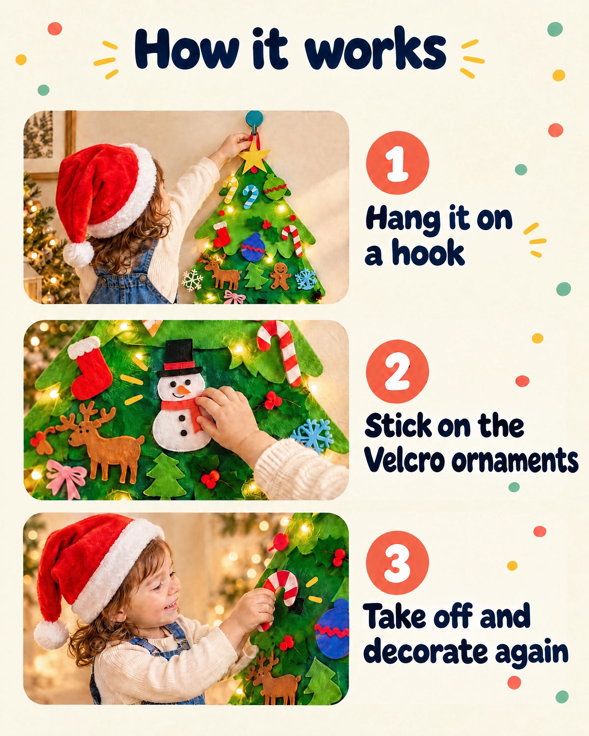How the felt Christmas tree works: hang it on a hook, stick on the Velcro ornaments, take them off and decorate again