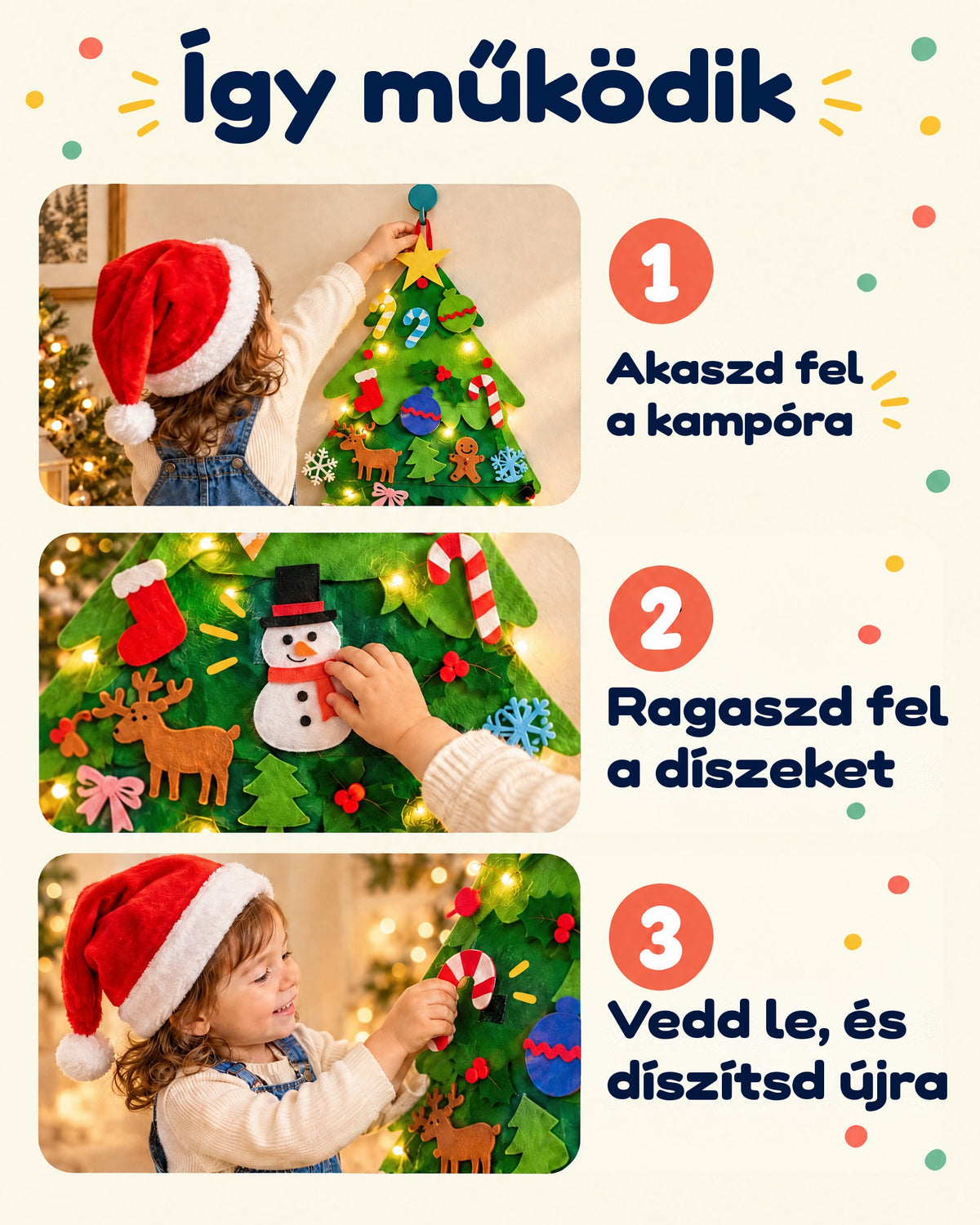 Így működik a filc karácsonyfa: felakasztod a kampóra, tépőzárral felragasztod a díszeket, majd leveszed és újra díszíted