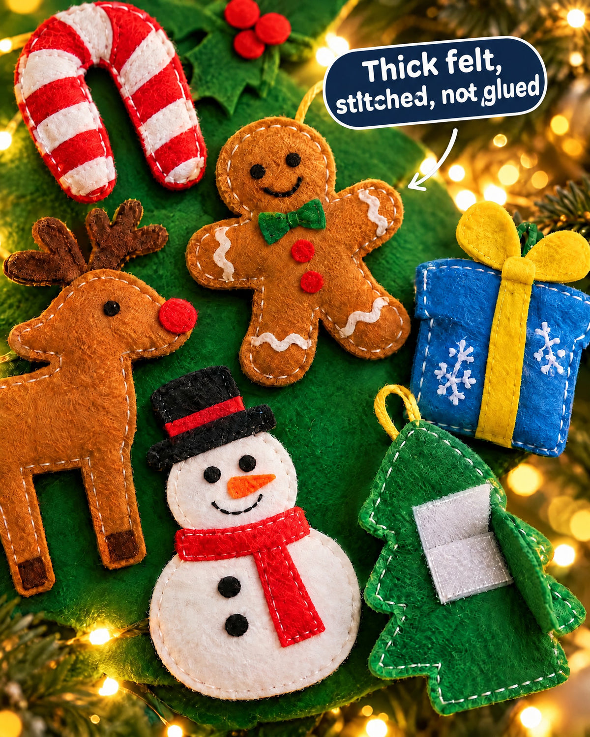 Close-up of the thick stitched felt ornaments: candy cane, reindeer, gingerbread man, snowman, present and tree with Velcro