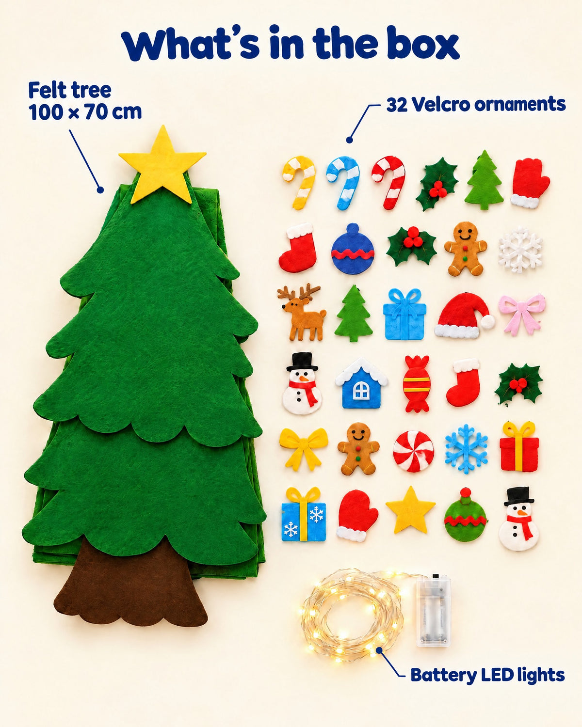 What's in the box: 100 × 70 cm felt tree, 32 Velcro ornaments and battery LED string lights