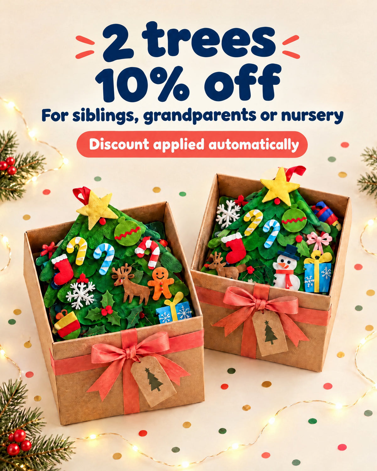 Two felt Christmas trees in gift boxes with bows – 10% off when you buy 2, applied automatically