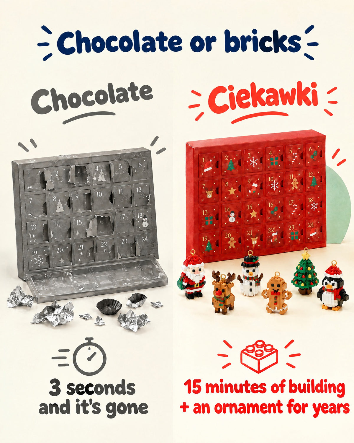 Chocolate advent calendar vs brick calendar: 3 seconds and it's gone, or 15 minutes of building and an ornament for years