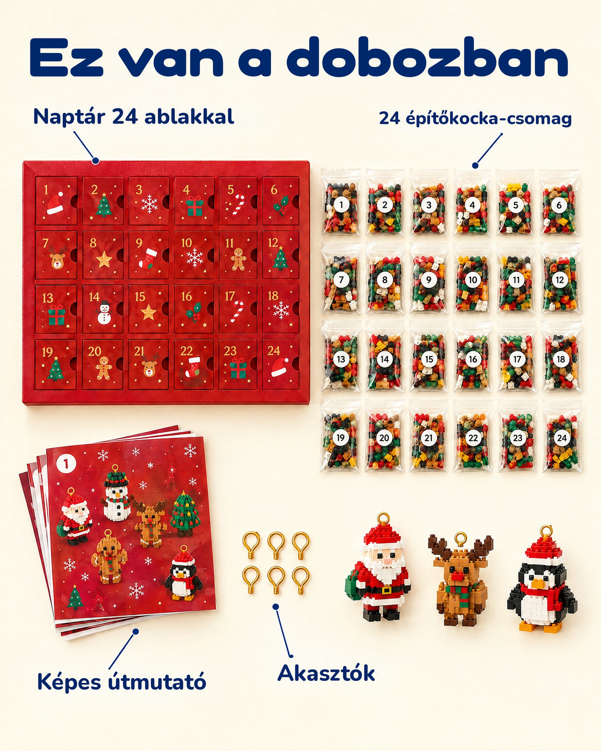 Az adventi naptár csomag tartalma: naptár 24 ablakkal, 24 építőkocka-csomag, képes útmutató és akasztók