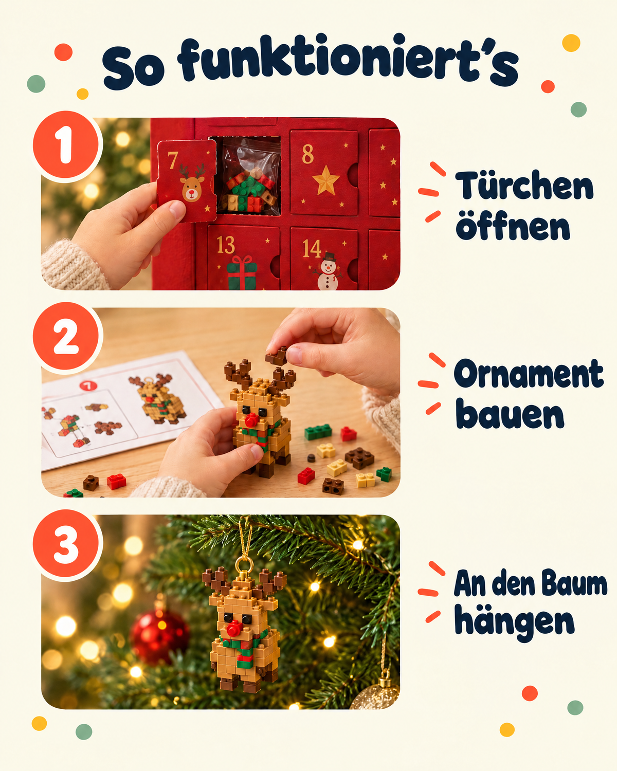 So funktioniert's: Türchen öffnen, Ornament bauen, aufhängen