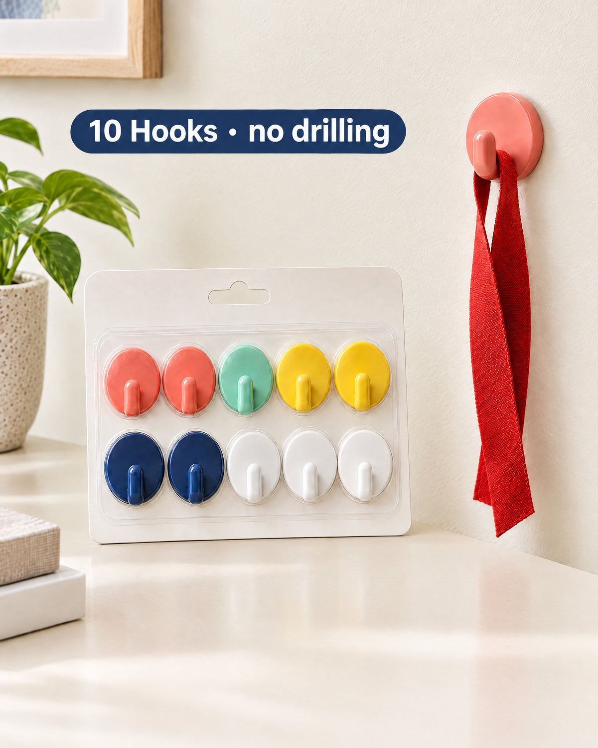 10 colourful adhesive hooks in the pack – stick them on the wall without drilling
