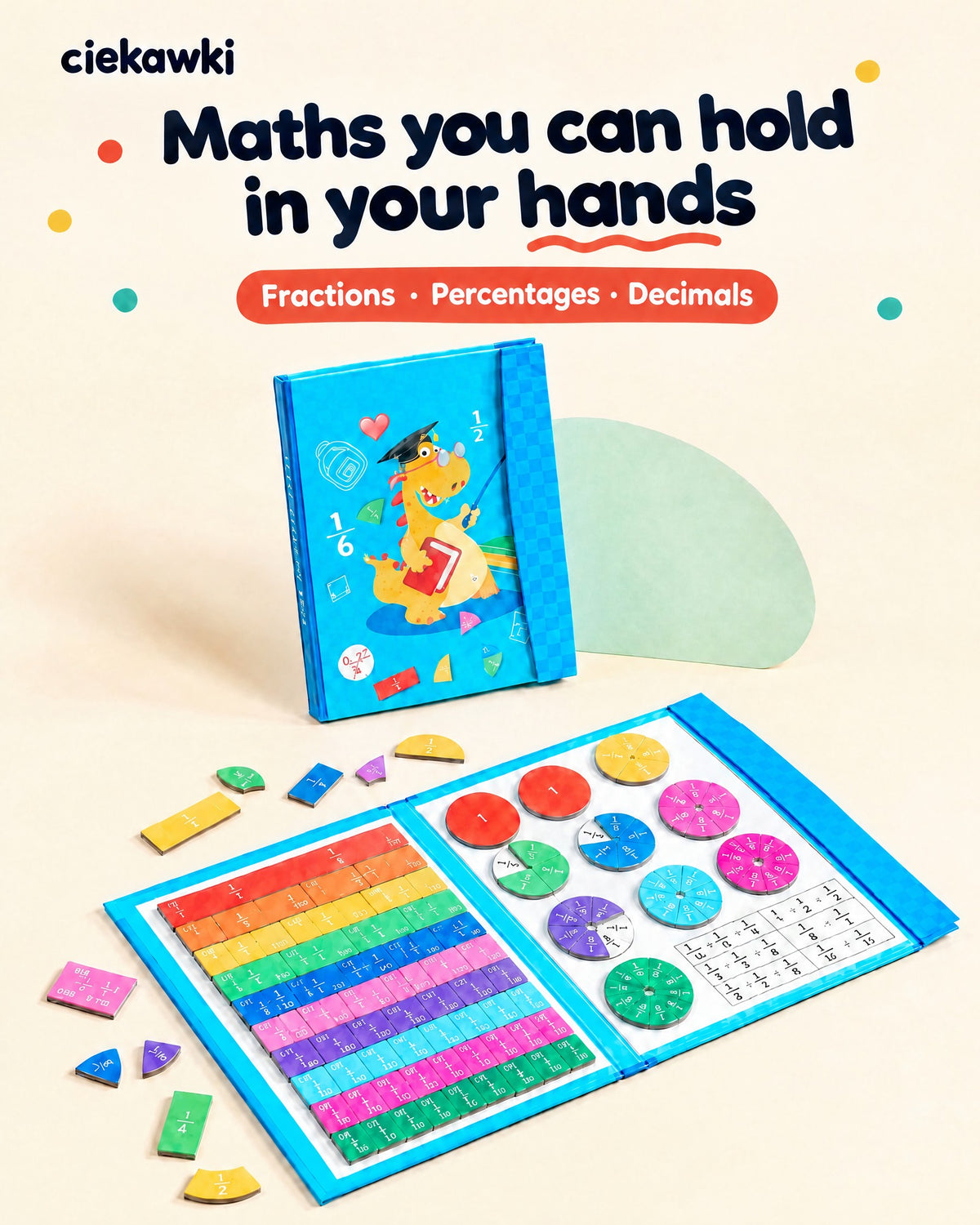 Magnetic fractions game with folding board, colourful fraction strips and fraction circles – fractions, percentages, decimals
