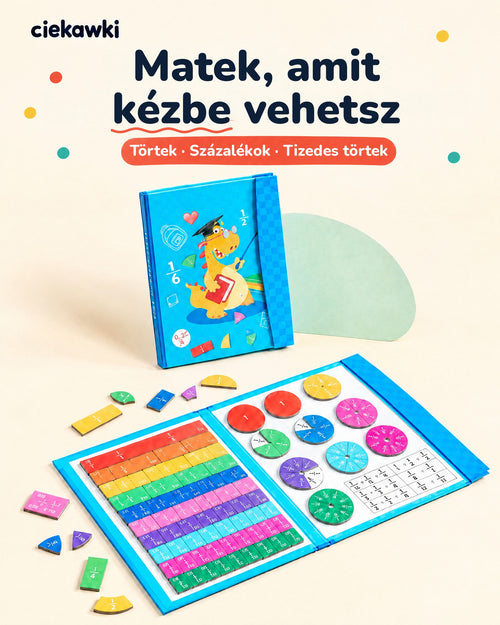 Mágneses törtes matekjáték kihajtható táblával, színes törtcsíkokkal és törtkörökkel – törtek, százalékok, tizedes törtek