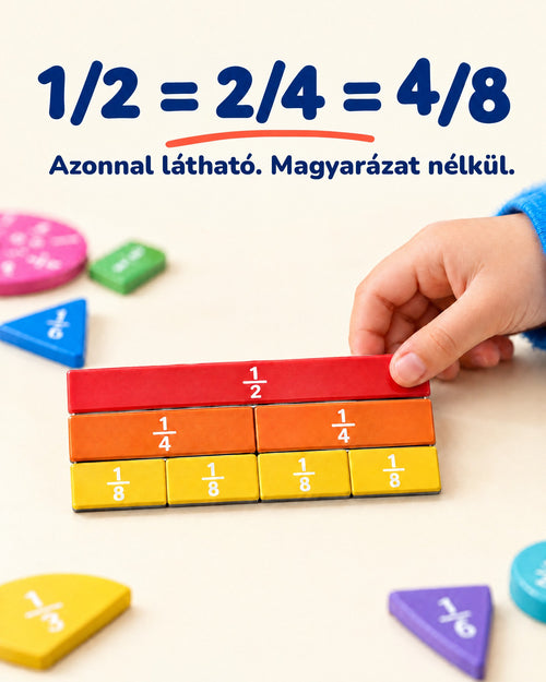 Gyerek kézzel rakja ki a mágneses törtcsíkokat: 1/2 = 2/4 = 4/8 – azonnal látható, magyarázat nélkül