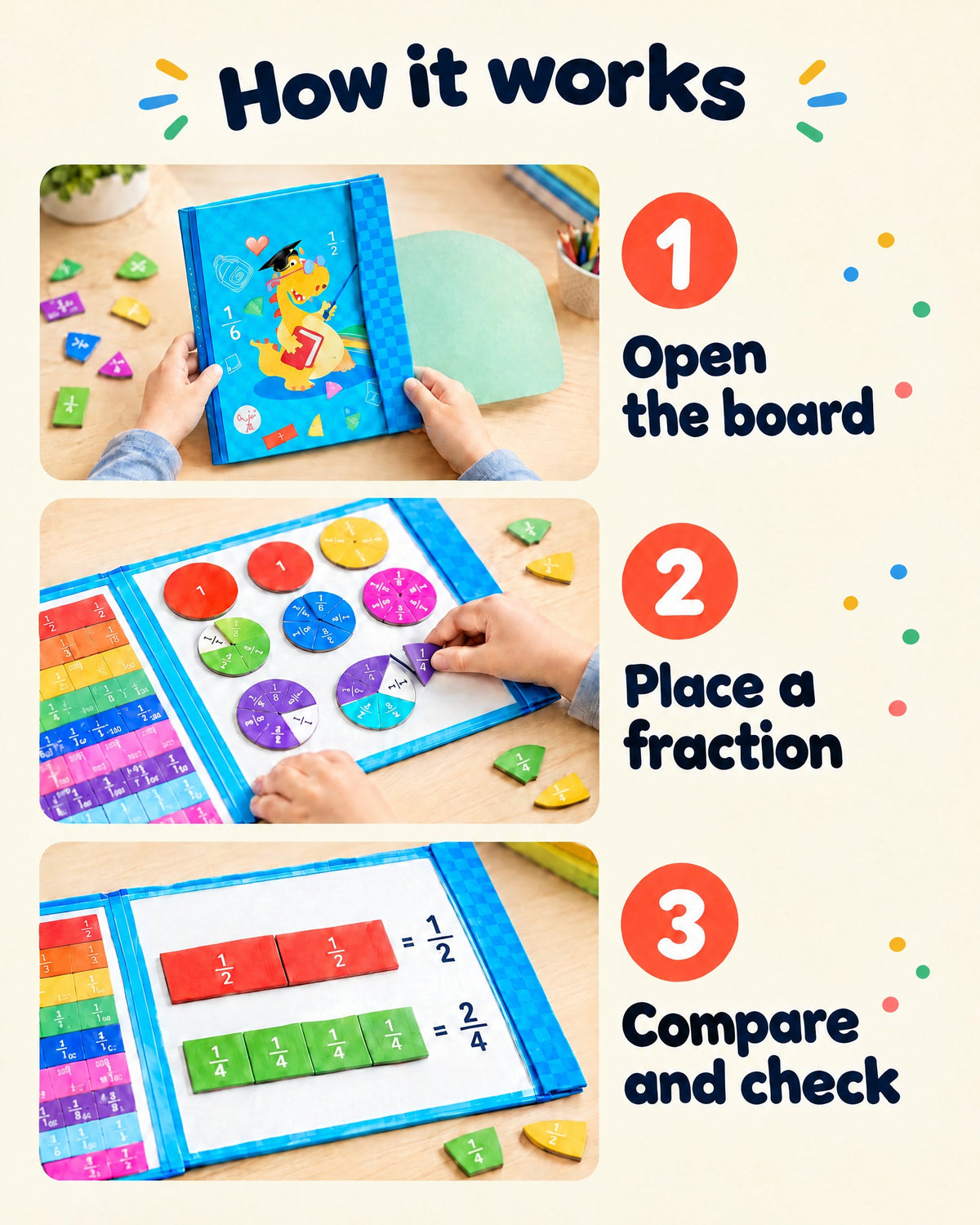 How the magnetic fractions game works: open the board, place a fraction, then compare and check