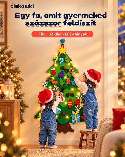 Két kisgyerek mikulássapkában díszíti a falra akasztott, LED-fényes filc karácsonyfát