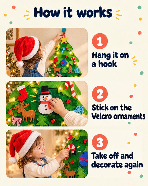 How the felt Christmas tree works: hang it on a hook, stick on the Velcro ornaments, take them off and decorate again