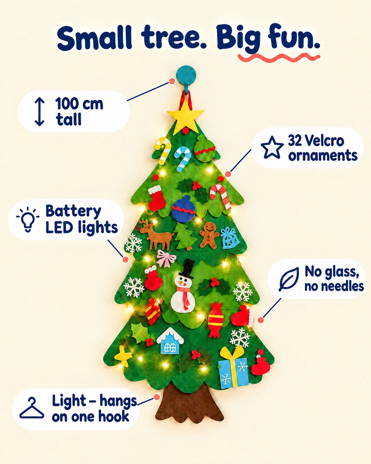 Felt Christmas tree features: 100 cm tall, 32 Velcro ornaments, battery LED lights, no glass or needles, hangs on one hook