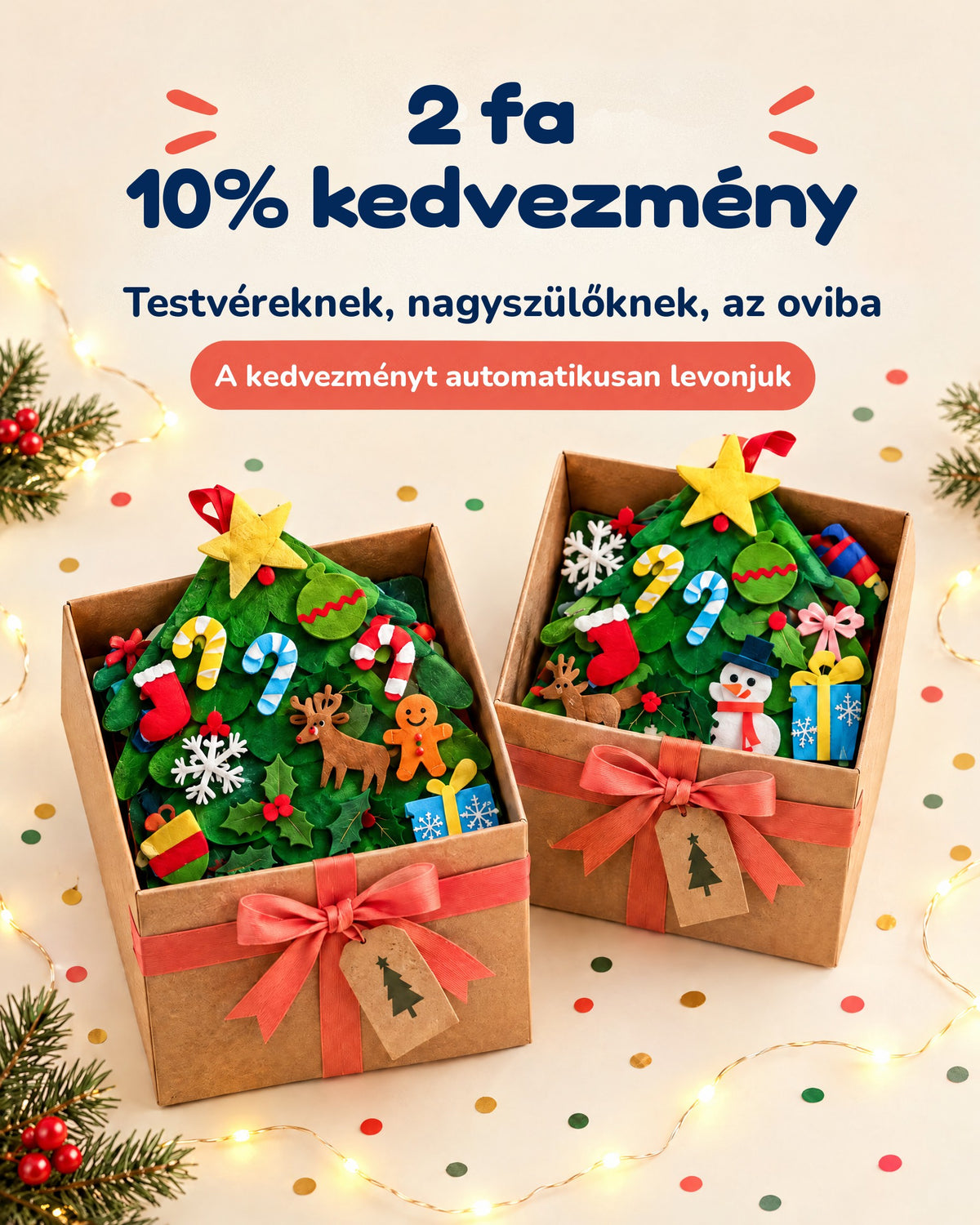 Két filc karácsonyfa ajándékdobozban masnival – 2 fa vásárlásakor 10% kedvezmény, automatikusan levonva
